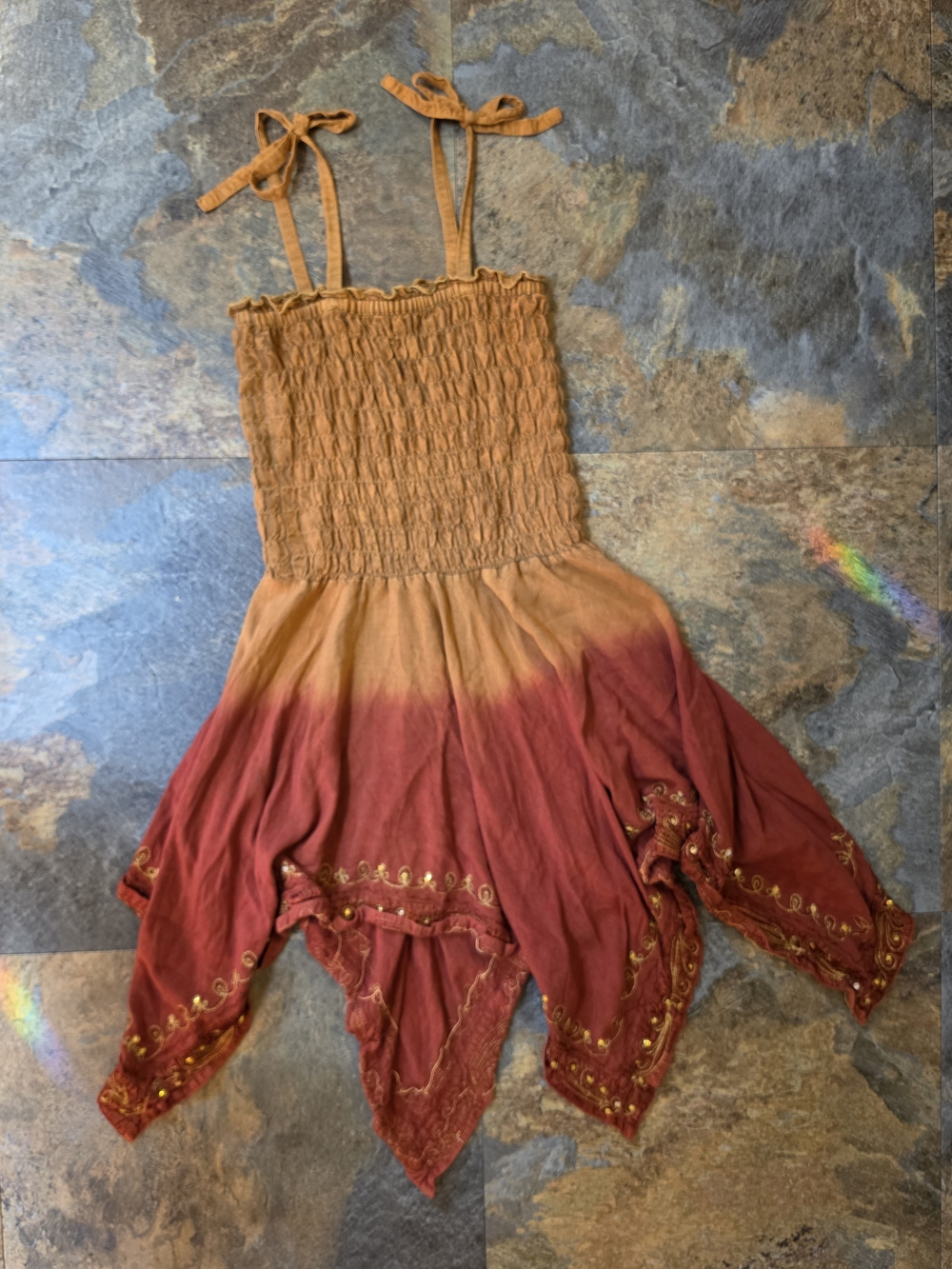 Womens Tie-Strap Ombre Handkerchief Dress in Rust and Burgundy